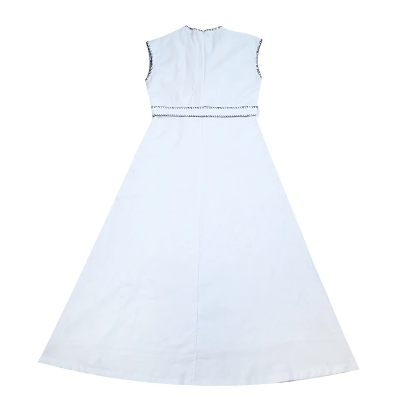 Women Wrap Dress Maxi White Color With Contrasted Special Decoration Stitching Girl Sleeveless Cotton Linen Fabric Waist Belt