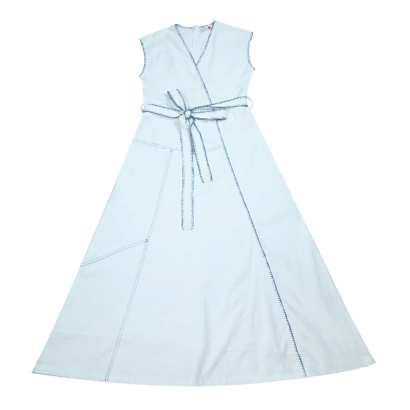 Women Wrap Dress Maxi White Color With Contrasted Special Decoration Stitching Girl Sleeveless Cotton Linen Fabric Waist Belt