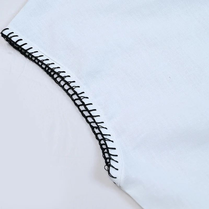 Women Wrap Dress Maxi White Color With Contrasted Special Decoration Stitching Girl Sleeveless Cotton Linen Fabric Waist Belt