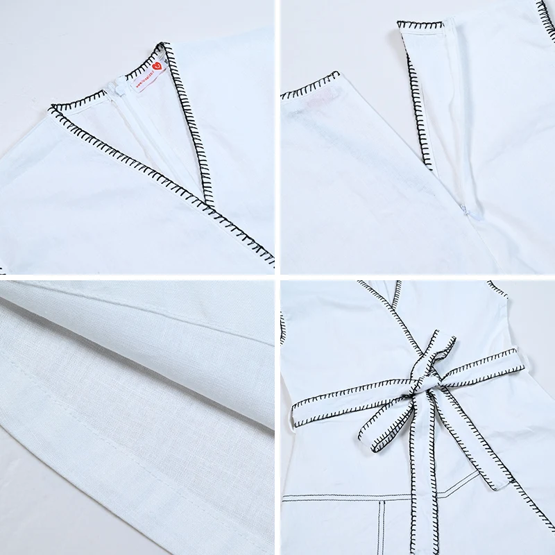 Women Wrap Dress Maxi White Color With Contrasted Special Decoration Stitching Girl Sleeveless Cotton Linen Fabric Waist Belt