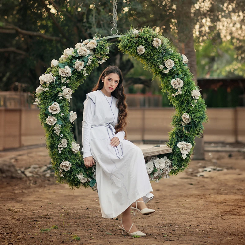 Women Wrap Dress Maxi White Color With Contrasted Special Decoration Stitching Girl Sleeveless Cotton Linen Fabric Waist Belt