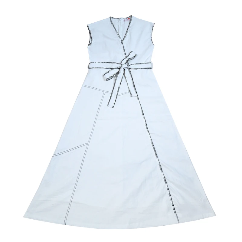 Women Wrap Dress Maxi White Color With Contrasted Special Decoration Stitching Girl Sleeveless Cotton Linen Fabric Waist Belt