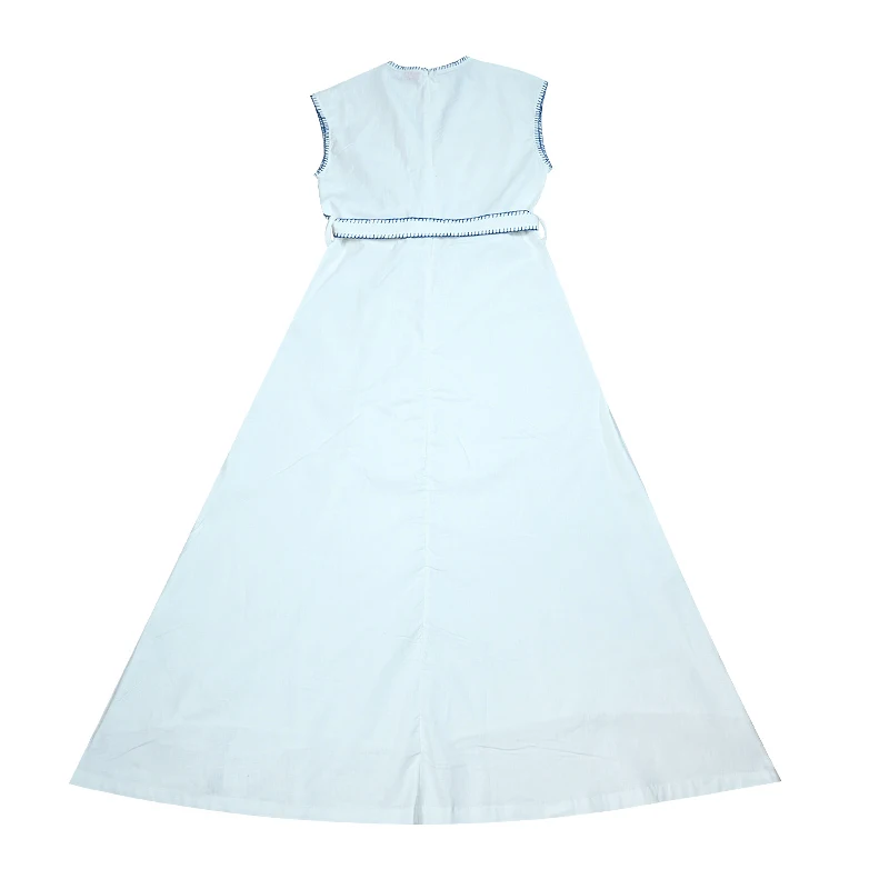 Women Wrap Dress Maxi White Color With Contrasted Special Decoration Stitching Girl Sleeveless Cotton Linen Fabric Waist Belt