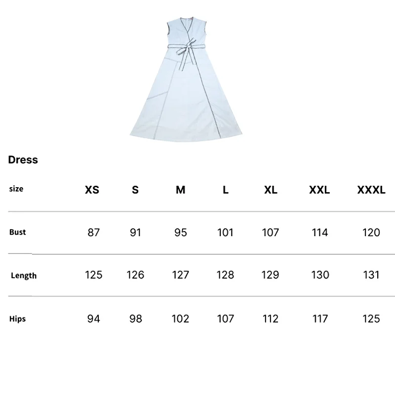 Women Wrap Dress Maxi White Color With Contrasted Special Decoration Stitching Girl Sleeveless Cotton Linen Fabric Waist Belt