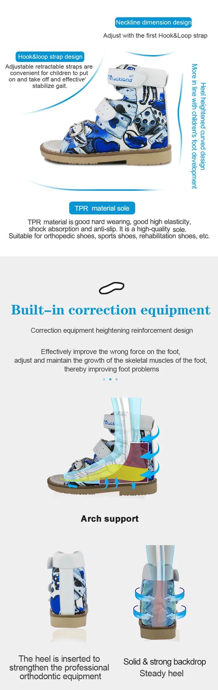 Ortoluckland Children Sandals Summer Orthopedic For Kids Buckle Strap Shoes Boys Printed Arch Support Flatfoot Footwear