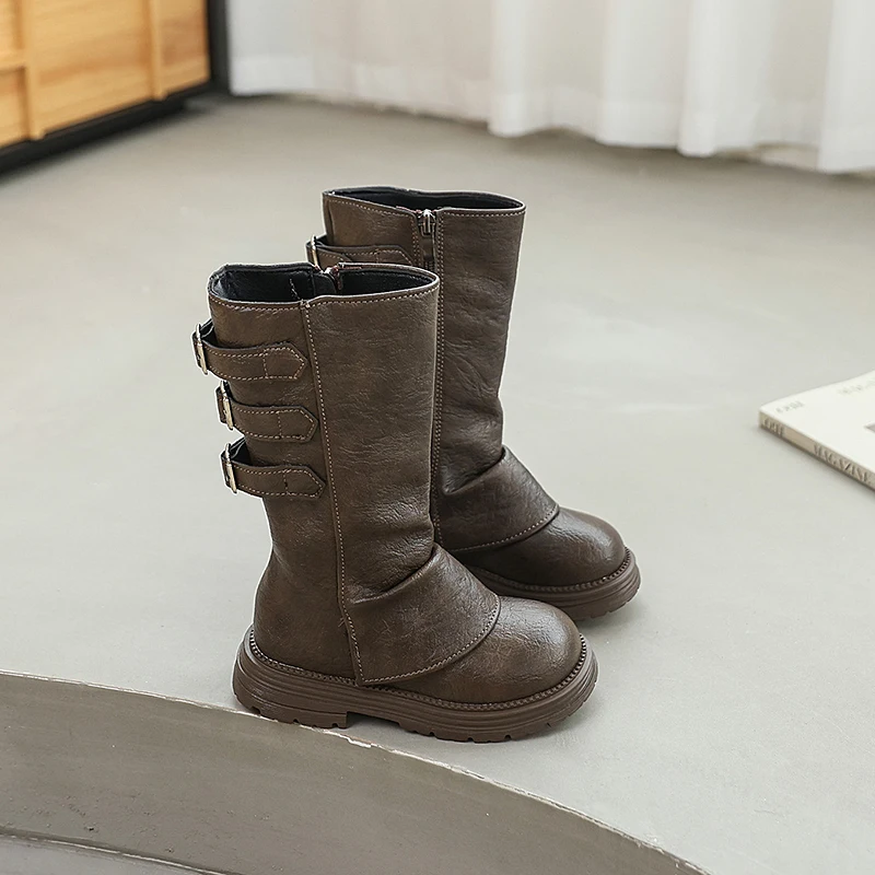Autumn Toddlers Long Boots Black Brown Kids Causal Mid-calf Boots for Girls Fashion Round-toe Children's Causal Platform Boots