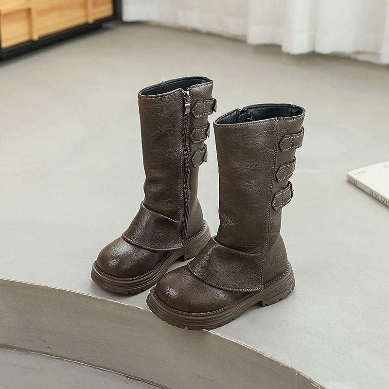 Autumn Toddlers Long Boots Black Brown Kids Causal Mid-calf Boots for Girls Fashion Round-toe Children's Causal Platform Boots