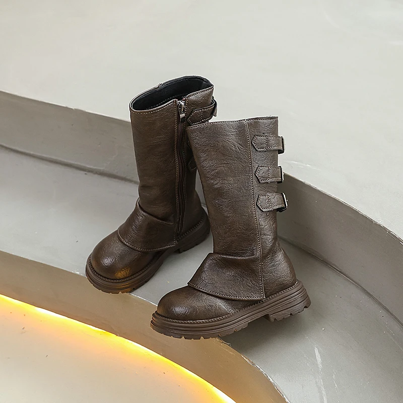 Autumn Toddlers Long Boots Black Brown Kids Causal Mid-calf Boots for Girls Fashion Round-toe Children's Causal Platform Boots