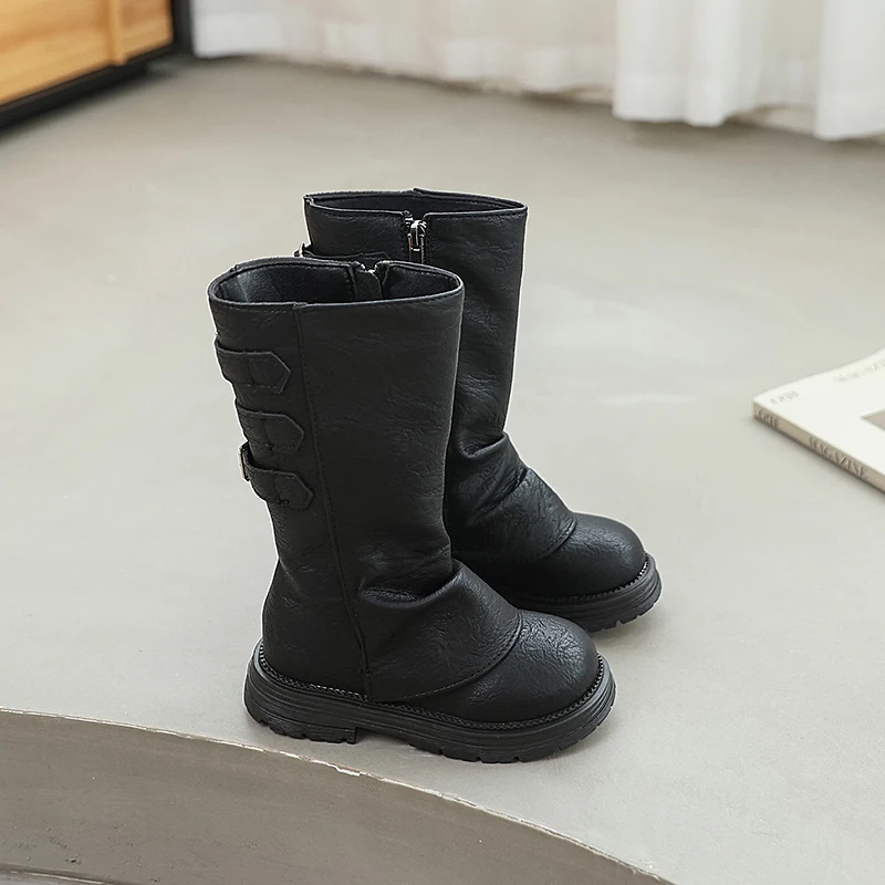 Autumn Toddlers Long Boots Black Brown Kids Causal Mid-calf Boots for Girls Fashion Round-toe Children's Causal Platform Boots