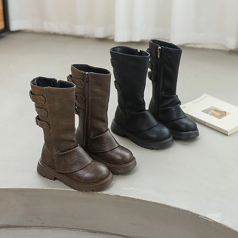 Autumn Toddlers Long Boots Black Brown Kids Causal Mid-calf Boots for Girls Fashion Round-toe Children's Causal Platform Boots