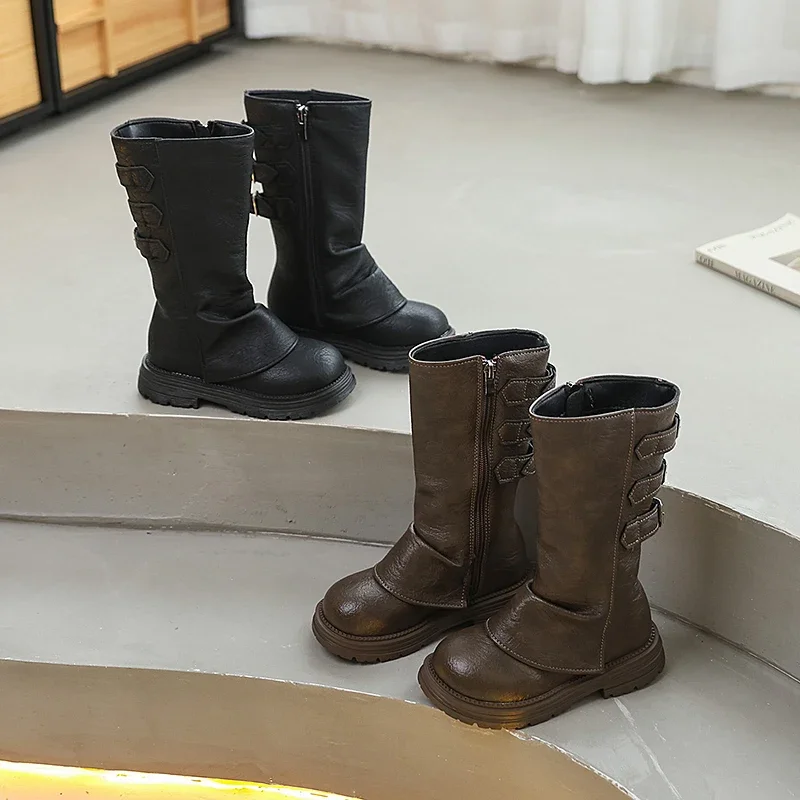 Autumn Toddlers Long Boots Black Brown Kids Causal Mid-calf Boots for Girls Fashion Round-toe Children's Causal Platform Boots