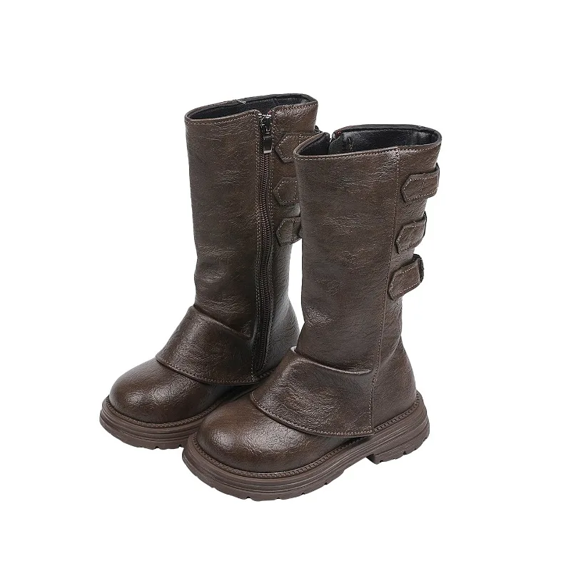 Autumn Toddlers Long Boots Black Brown Kids Causal Mid-calf Boots for Girls Fashion Round-toe Children's Causal Platform Boots