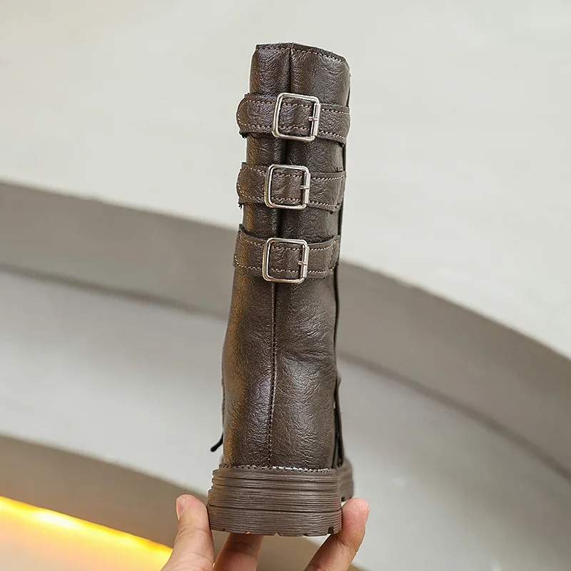 Autumn Toddlers Long Boots Black Brown Kids Causal Mid-calf Boots for Girls Fashion Round-toe Children's Causal Platform Boots