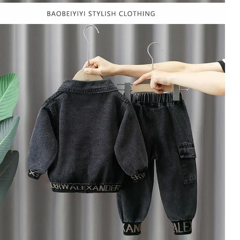 Autumn Kids clothes Spring Denim Coat Children's clothing Boys Outerwear Blue / Black Baby Jacket Pant sets 2-piece set 2-9Y