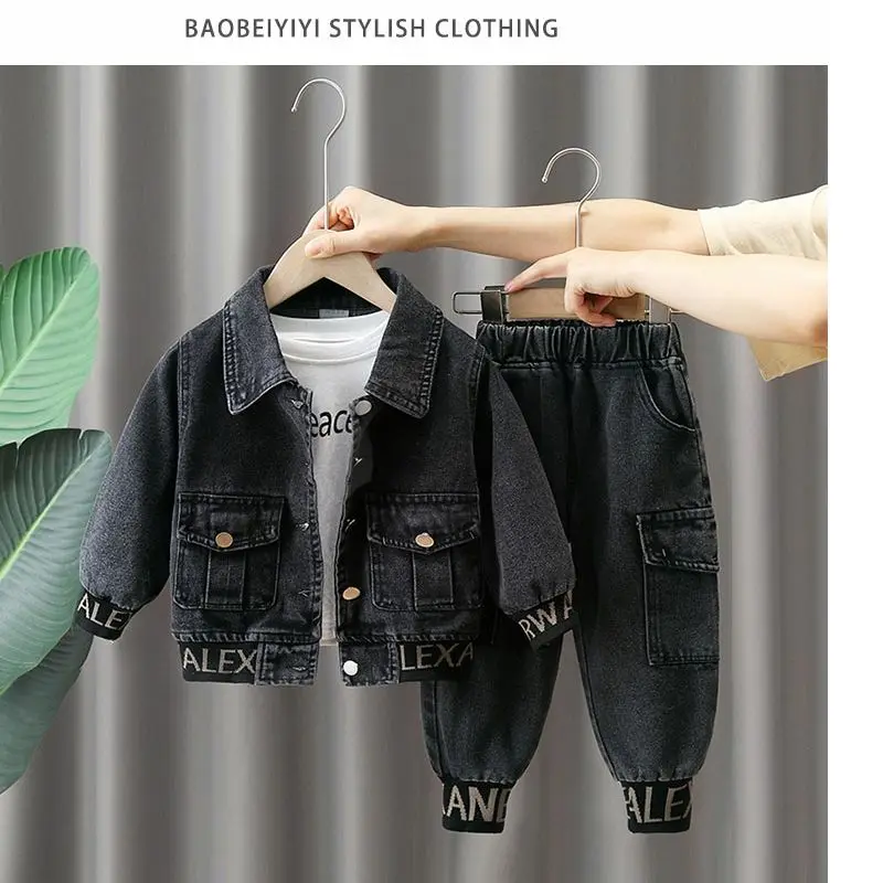 Autumn Kids clothes Spring Denim Coat Children's clothing Boys Outerwear Blue / Black Baby Jacket Pant sets 2-piece set 2-9Y