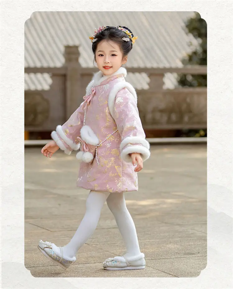 2025 Winter New 3-14 Years Girls Cheongsam New Year Flower Thickening Kids Baby Girl Traditional Chinese Ethnic Tang Dress + Bag