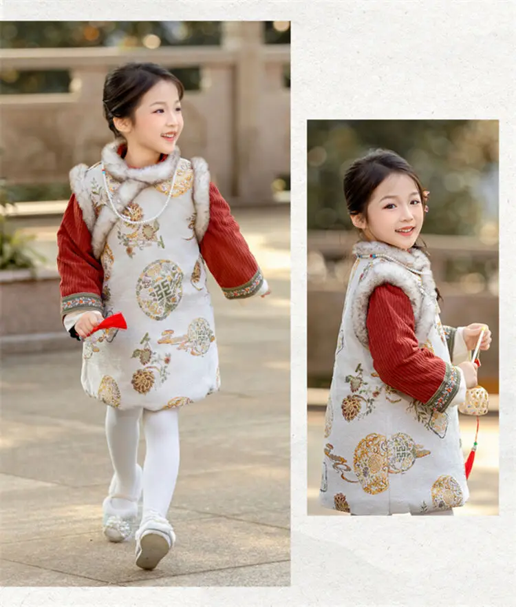2025 Winter New 3-14 Years Girls Cheongsam New Year Flower Thickening Kids Baby Girl Traditional Chinese Ethnic Tang Dress + Bag