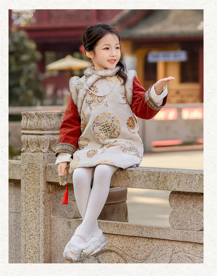 2025 Winter New 3-14 Years Girls Cheongsam New Year Flower Thickening Kids Baby Girl Traditional Chinese Ethnic Tang Dress + Bag