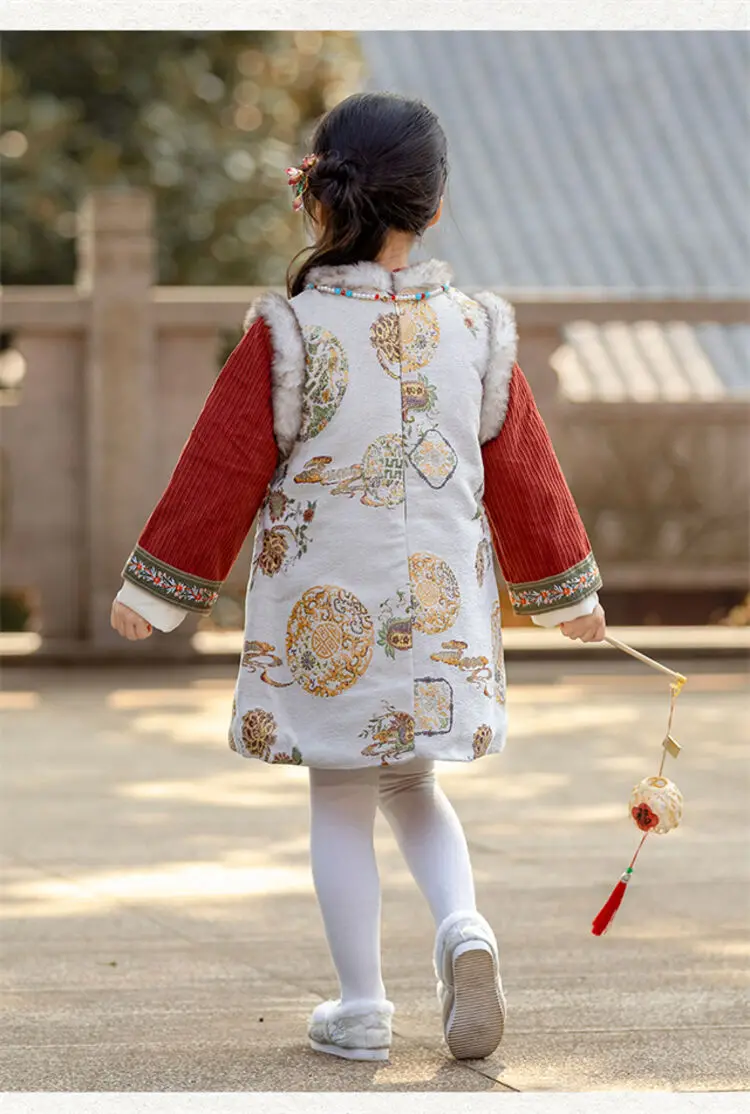 2025 Winter New 3-14 Years Girls Cheongsam New Year Flower Thickening Kids Baby Girl Traditional Chinese Ethnic Tang Dress + Bag