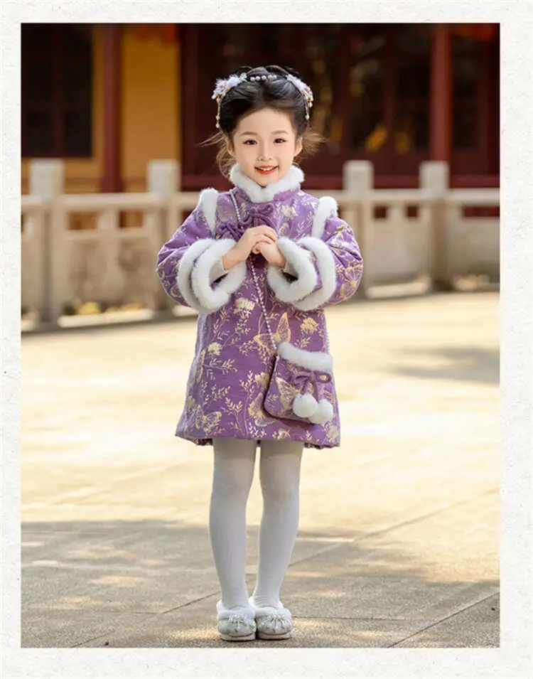 2025 Winter New 3-14 Years Girls Cheongsam New Year Flower Thickening Kids Baby Girl Traditional Chinese Ethnic Tang Dress + Bag