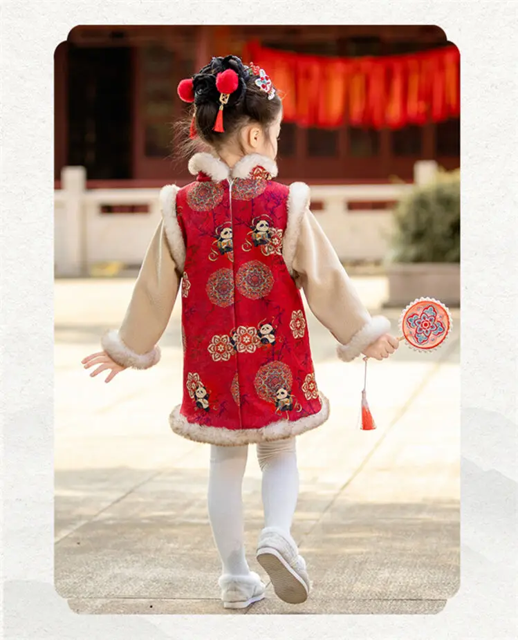 2025 Winter New 3-14 Years Girls Cheongsam New Year Flower Thickening Kids Baby Girl Traditional Chinese Ethnic Tang Dress + Bag