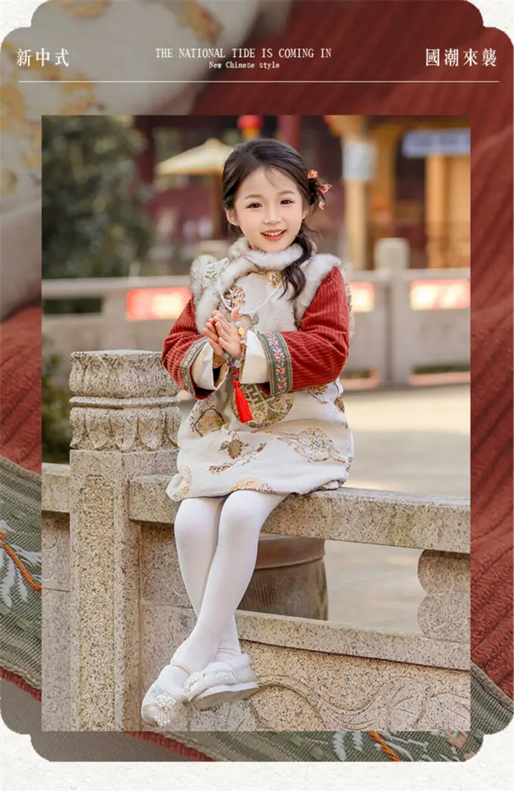 2025 Winter New 3-14 Years Girls Cheongsam New Year Flower Thickening Kids Baby Girl Traditional Chinese Ethnic Tang Dress + Bag
