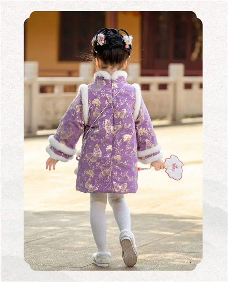 2025 Winter New 3-14 Years Girls Cheongsam New Year Flower Thickening Kids Baby Girl Traditional Chinese Ethnic Tang Dress + Bag