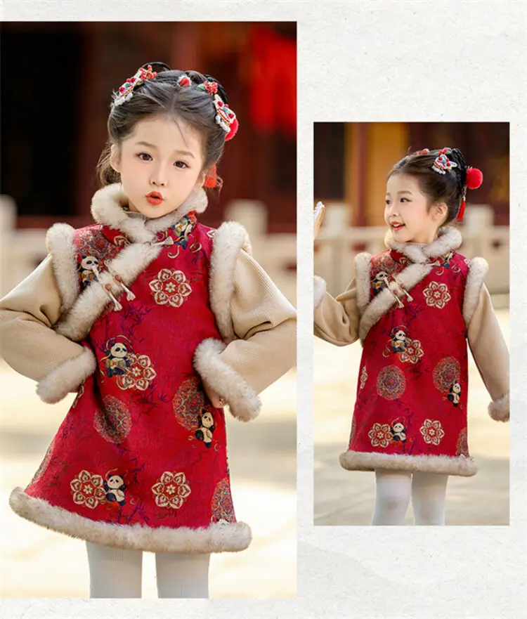 2025 Winter New 3-14 Years Girls Cheongsam New Year Flower Thickening Kids Baby Girl Traditional Chinese Ethnic Tang Dress + Bag