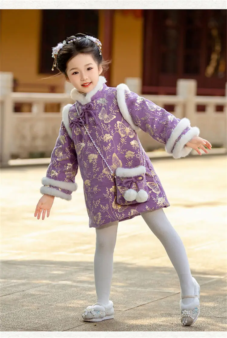 2025 Winter New 3-14 Years Girls Cheongsam New Year Flower Thickening Kids Baby Girl Traditional Chinese Ethnic Tang Dress + Bag