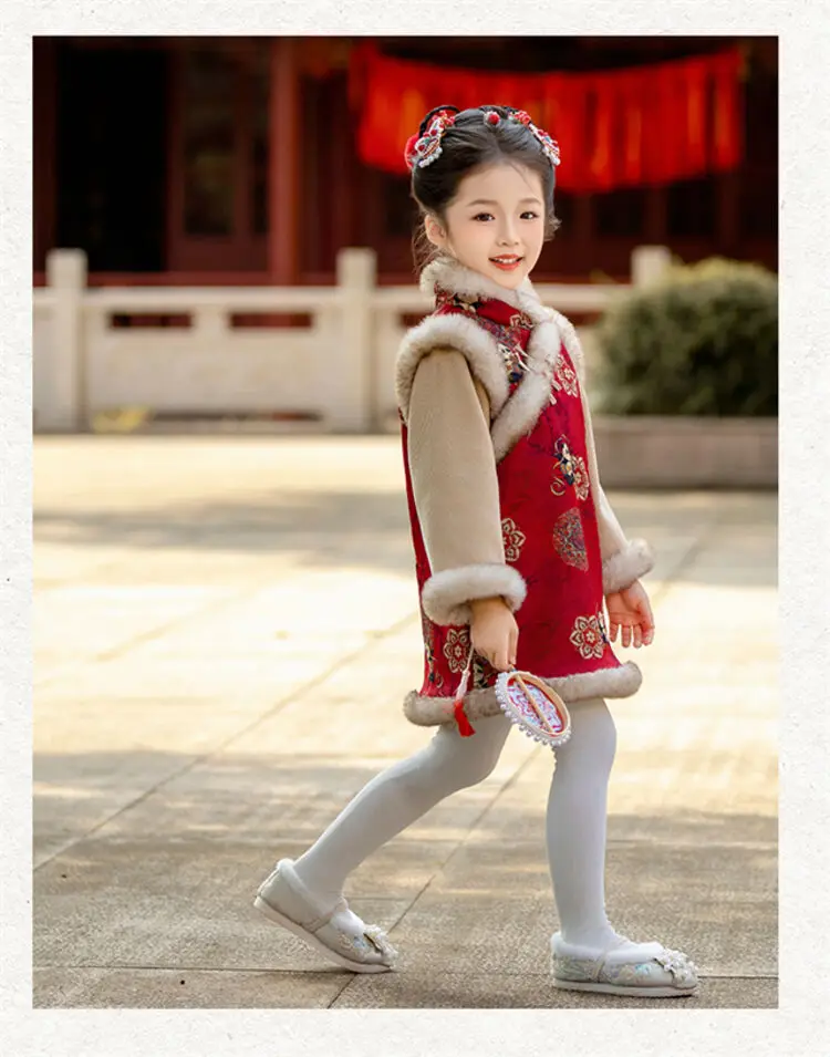 2025 Winter New 3-14 Years Girls Cheongsam New Year Flower Thickening Kids Baby Girl Traditional Chinese Ethnic Tang Dress + Bag