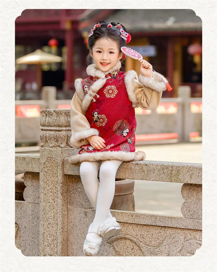 2025 Winter New 3-14 Years Girls Cheongsam New Year Flower Thickening Kids Baby Girl Traditional Chinese Ethnic Tang Dress + Bag