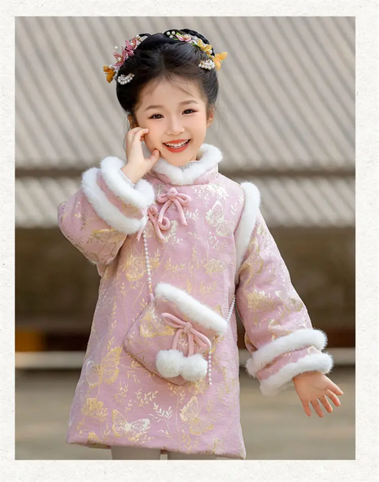 2025 Winter New 3-14 Years Girls Cheongsam New Year Flower Thickening Kids Baby Girl Traditional Chinese Ethnic Tang Dress + Bag