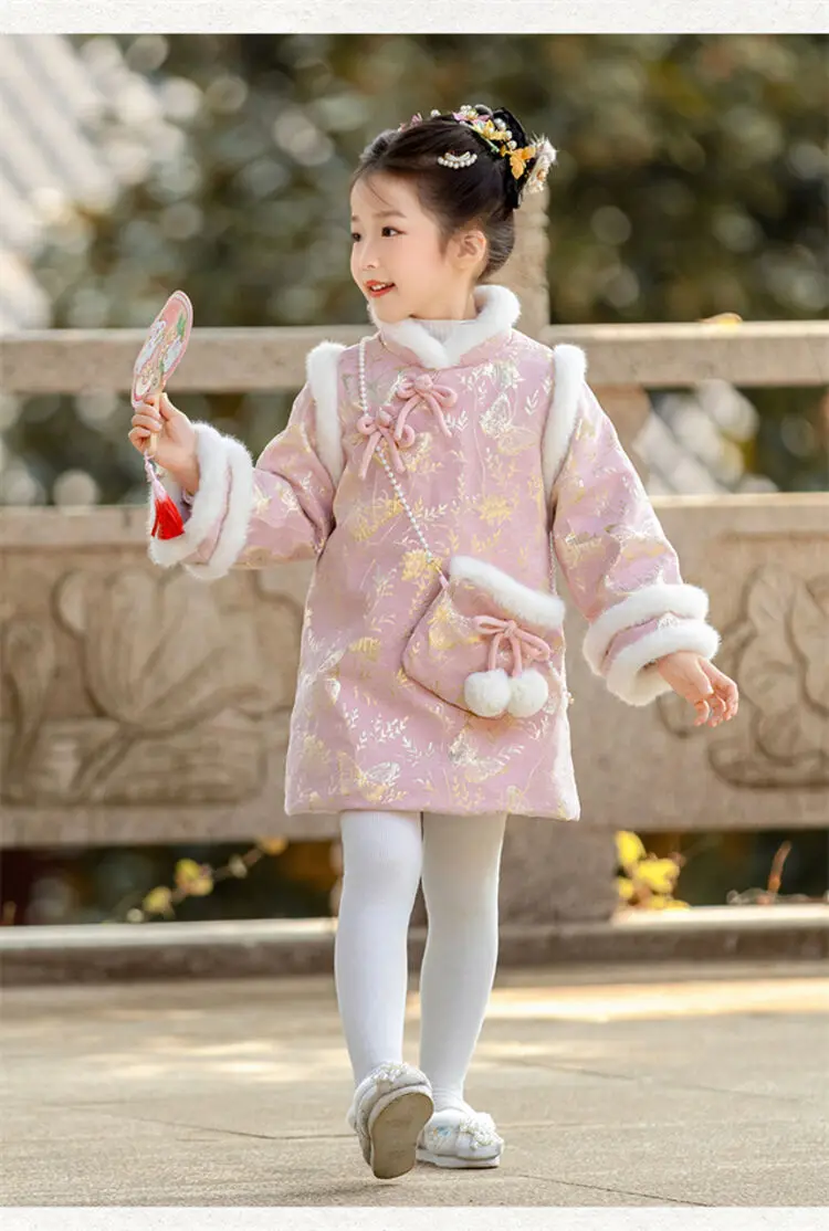 2025 Winter New 3-14 Years Girls Cheongsam New Year Flower Thickening Kids Baby Girl Traditional Chinese Ethnic Tang Dress + Bag