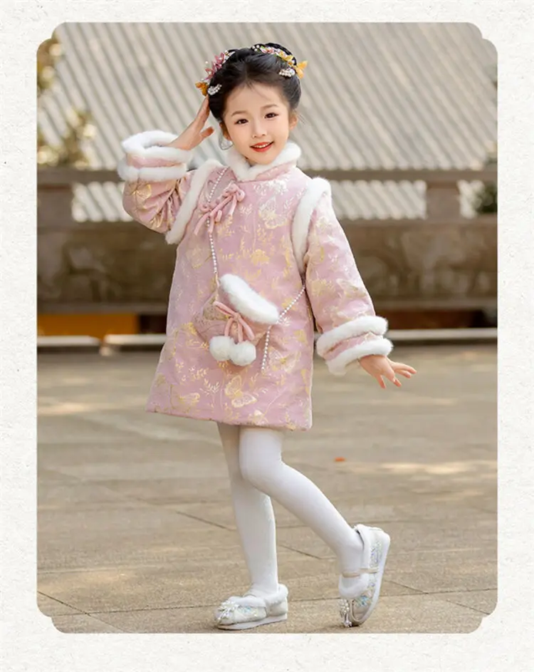 2025 Winter New 3-14 Years Girls Cheongsam New Year Flower Thickening Kids Baby Girl Traditional Chinese Ethnic Tang Dress + Bag