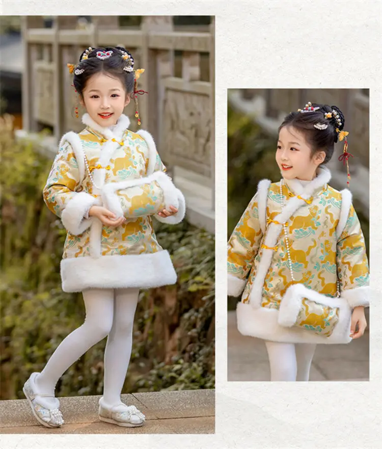 2025 Winter New 3-14 Years Girls Cheongsam New Year Flower Thickening Kids Baby Girl Traditional Chinese Ethnic Tang Dress + Bag