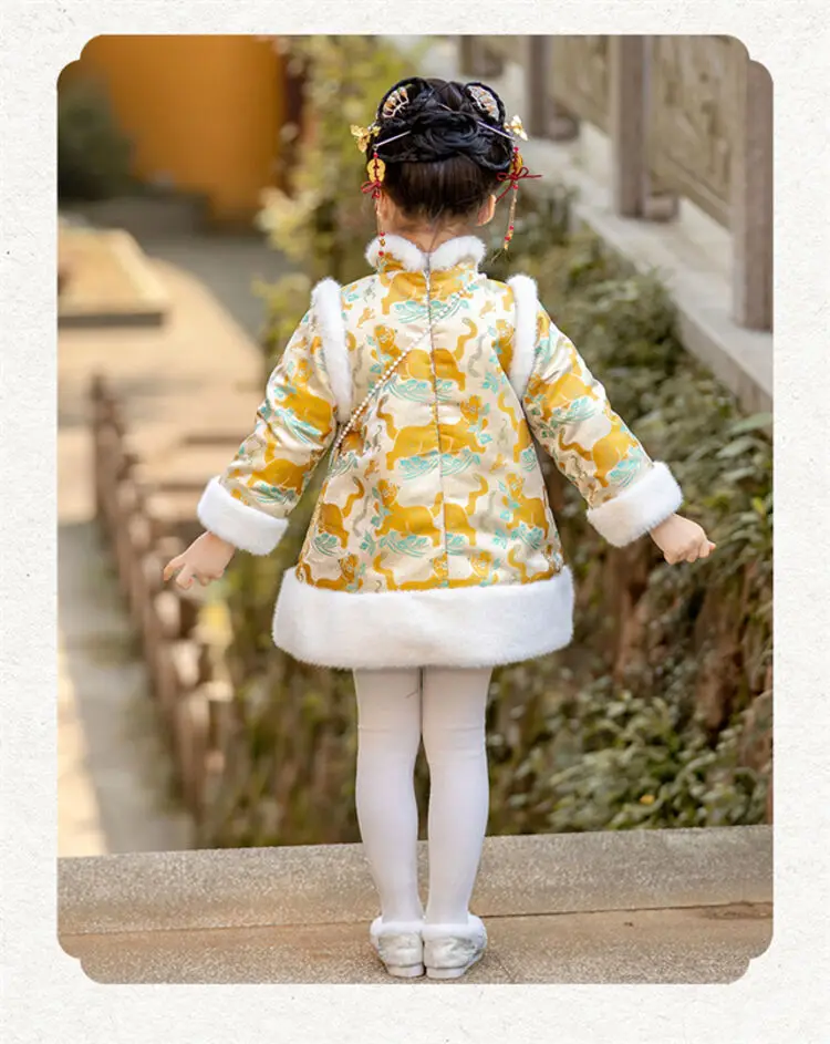 2025 Winter New 3-14 Years Girls Cheongsam New Year Flower Thickening Kids Baby Girl Traditional Chinese Ethnic Tang Dress + Bag