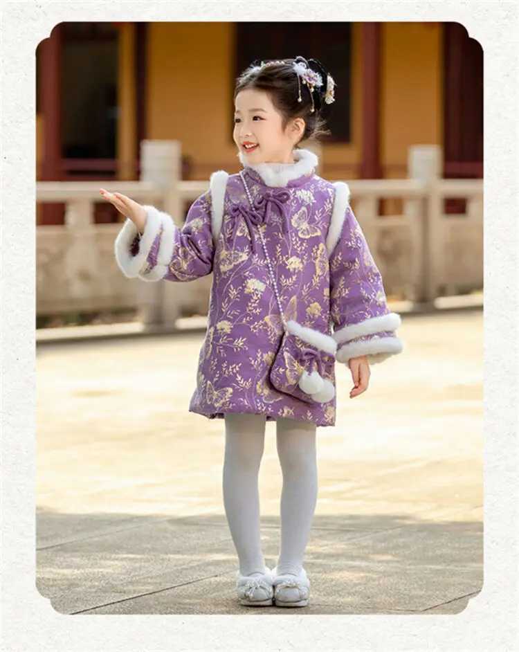 2025 Winter New 3-14 Years Girls Cheongsam New Year Flower Thickening Kids Baby Girl Traditional Chinese Ethnic Tang Dress + Bag