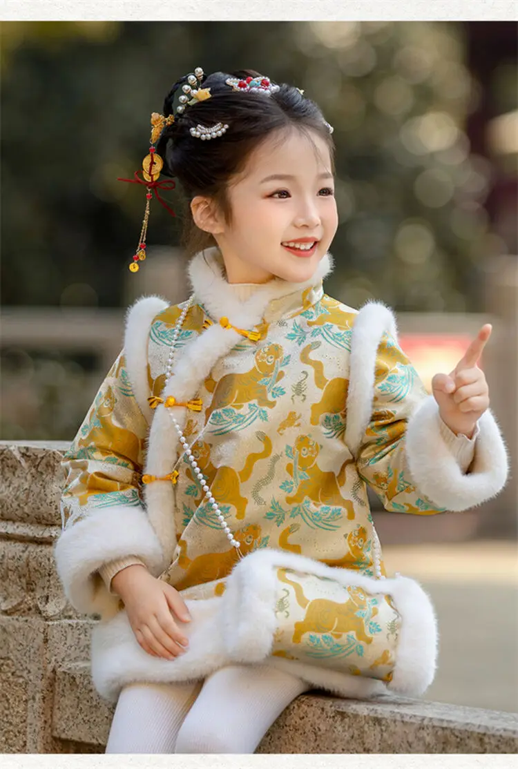 2025 Winter New 3-14 Years Girls Cheongsam New Year Flower Thickening Kids Baby Girl Traditional Chinese Ethnic Tang Dress + Bag