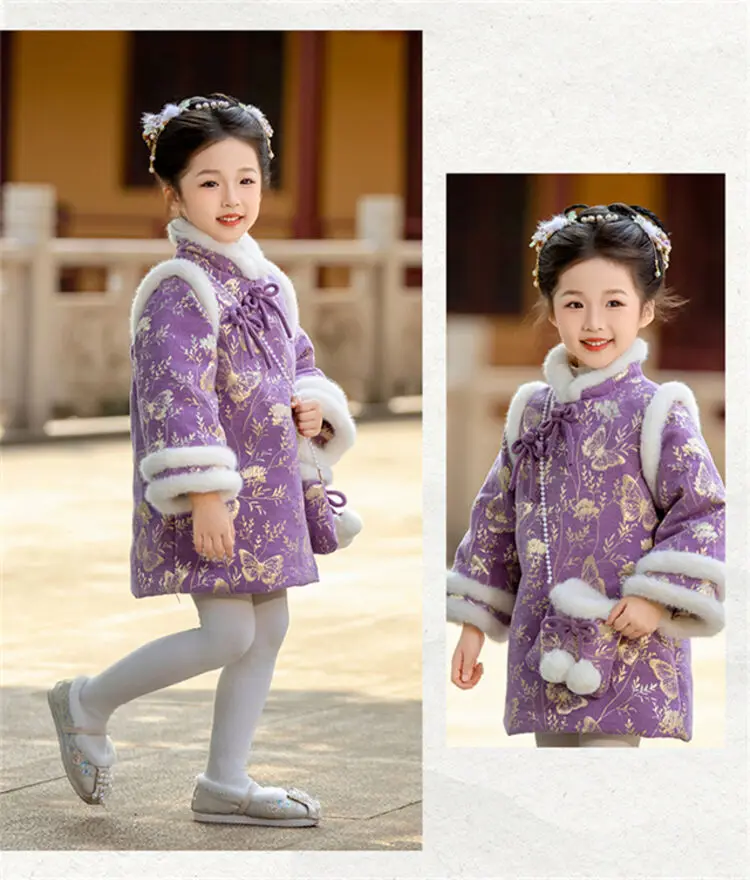 2025 Winter New 3-14 Years Girls Cheongsam New Year Flower Thickening Kids Baby Girl Traditional Chinese Ethnic Tang Dress + Bag