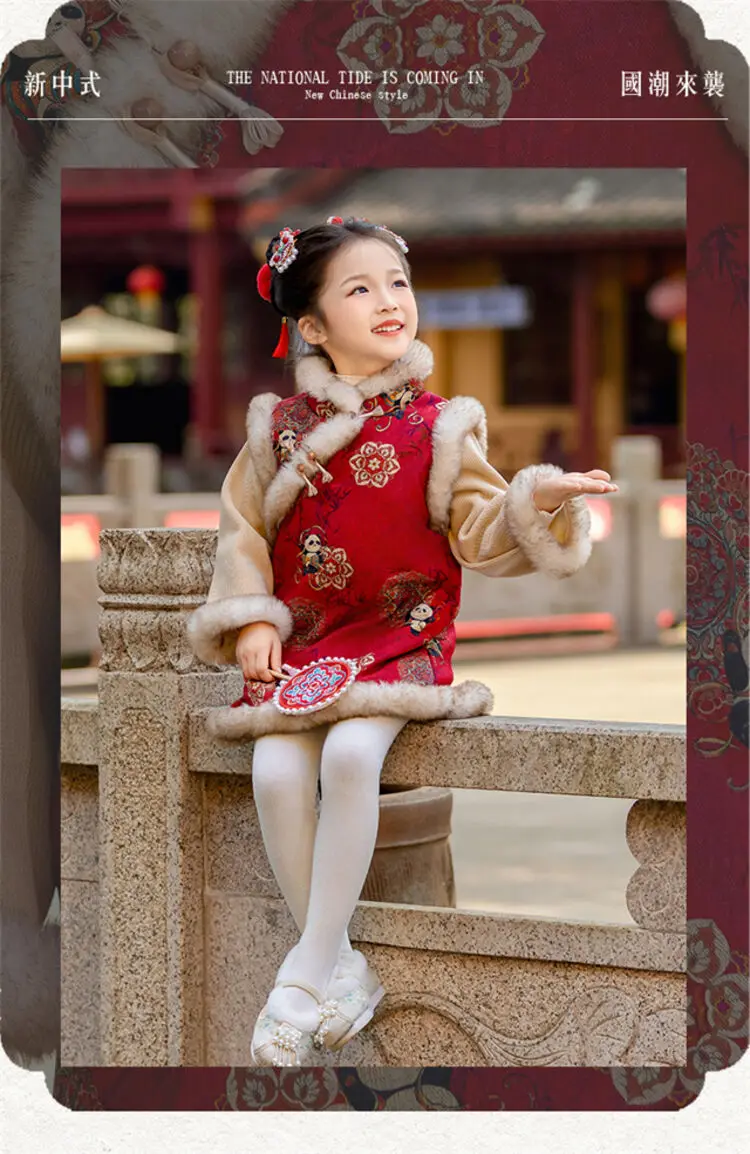 2025 Winter New 3-14 Years Girls Cheongsam New Year Flower Thickening Kids Baby Girl Traditional Chinese Ethnic Tang Dress + Bag