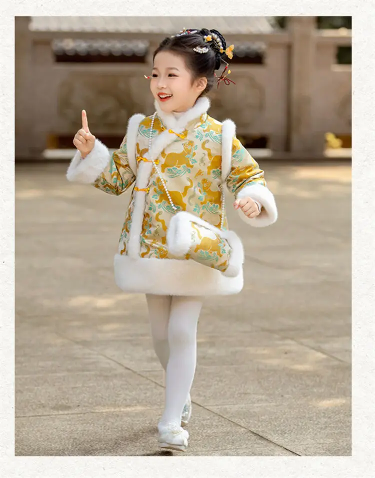 2025 Winter New 3-14 Years Girls Cheongsam New Year Flower Thickening Kids Baby Girl Traditional Chinese Ethnic Tang Dress + Bag