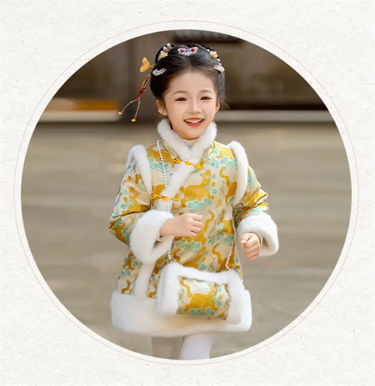 2025 Winter New 3-14 Years Girls Cheongsam New Year Flower Thickening Kids Baby Girl Traditional Chinese Ethnic Tang Dress + Bag