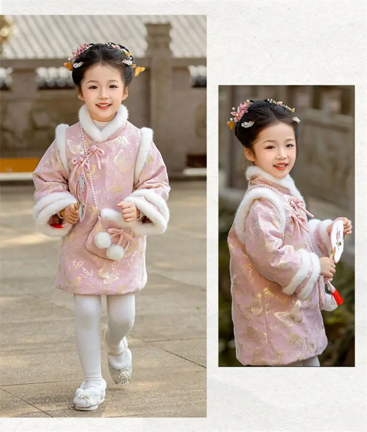 2025 Winter New 3-14 Years Girls Cheongsam New Year Flower Thickening Kids Baby Girl Traditional Chinese Ethnic Tang Dress + Bag