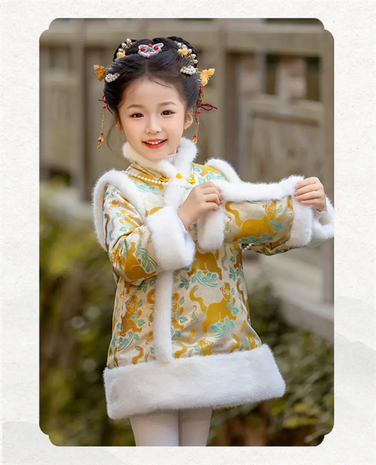 2025 Winter New 3-14 Years Girls Cheongsam New Year Flower Thickening Kids Baby Girl Traditional Chinese Ethnic Tang Dress + Bag