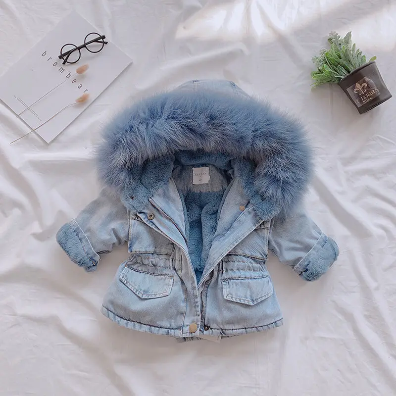 Autumn and Winter Children's Coat Solid Color Plush Thickened Warm Denim Collar Hooded Girl's Coat Warm Baby Clothes
