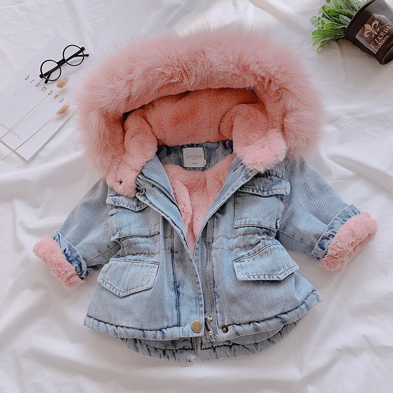 Autumn and Winter Children's Coat Solid Color Plush Thickened Warm Denim Collar Hooded Girl's Coat Warm Baby Clothes