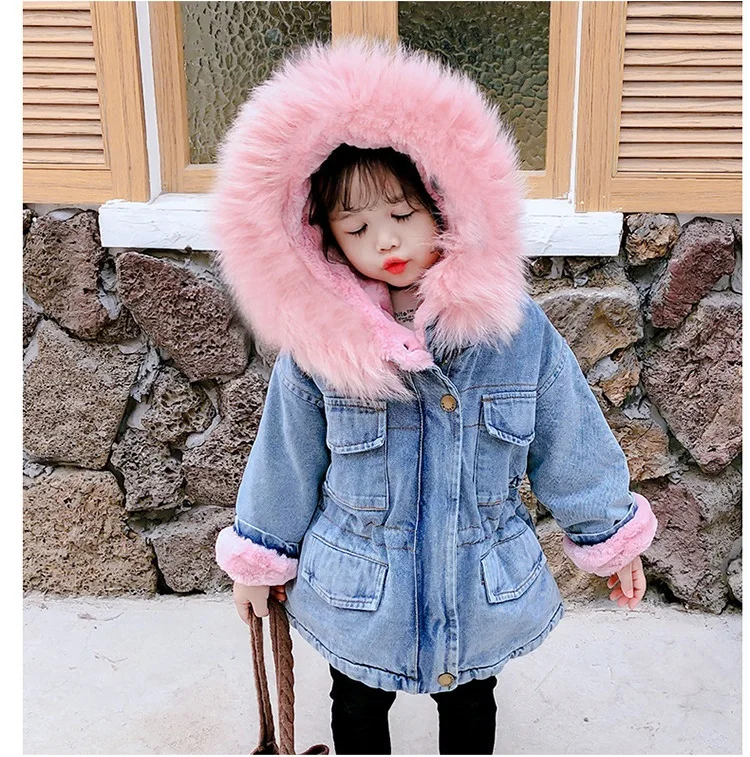 Autumn and Winter Children's Coat Solid Color Plush Thickened Warm Denim Collar Hooded Girl's Coat Warm Baby Clothes