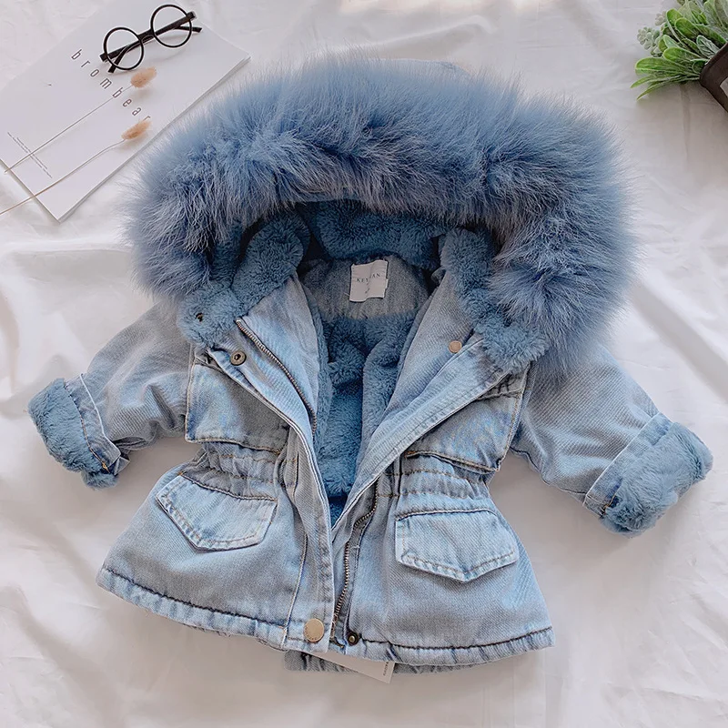 Autumn and Winter Children's Coat Solid Color Plush Thickened Warm Denim Collar Hooded Girl's Coat Warm Baby Clothes