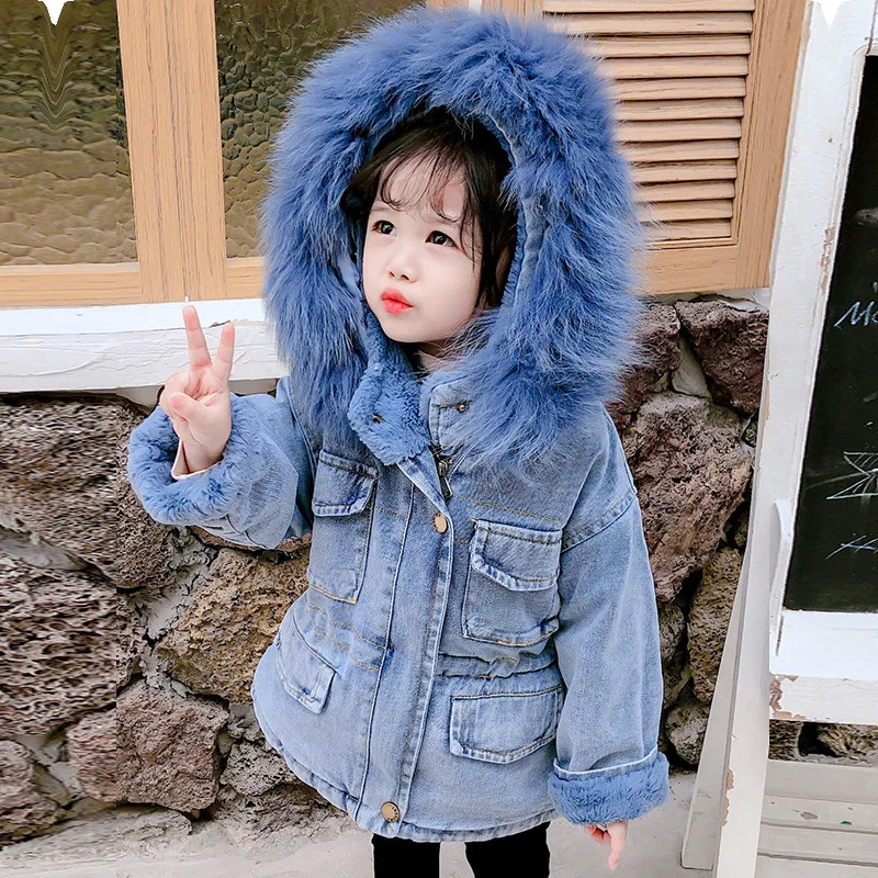 Autumn and Winter Children's Coat Solid Color Plush Thickened Warm Denim Collar Hooded Girl's Coat Warm Baby Clothes