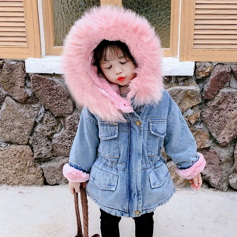 Autumn and Winter Children's Coat Solid Color Plush Thickened Warm Denim Collar Hooded Girl's Coat Warm Baby Clothes